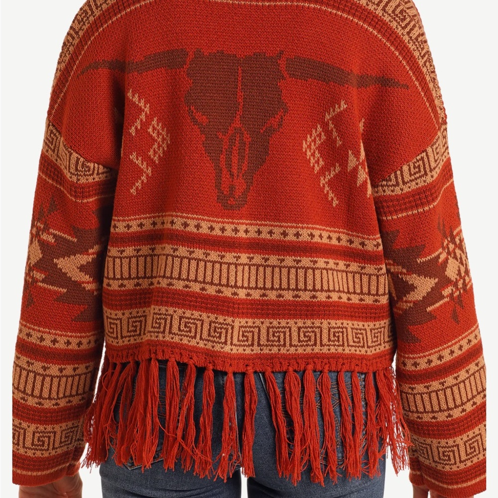 AZTEC FRINGE STEER SKULL CARDIGAN SWEATER - Picture 2 of 5